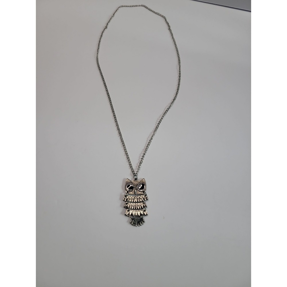 Silver Tone Articulated Owl Pendant Necklace Black Eyes Boho Statement Jewelry - Picture 4 of 9